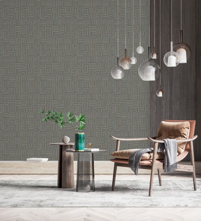 Papel pintado mosaico textil geométrico tonos azul y ocre  Waldorf Dynamic 684147