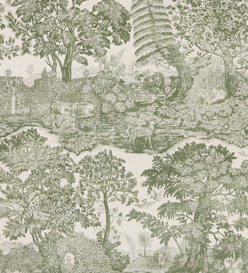 Papel pintado toile de Jouy verde con ciervo pastoral  Richmond Toile 684181