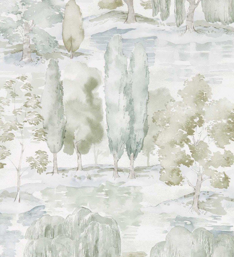 Papel pintado paisaje bucólico acuarela verde niebla  Thoreau Misty 684191