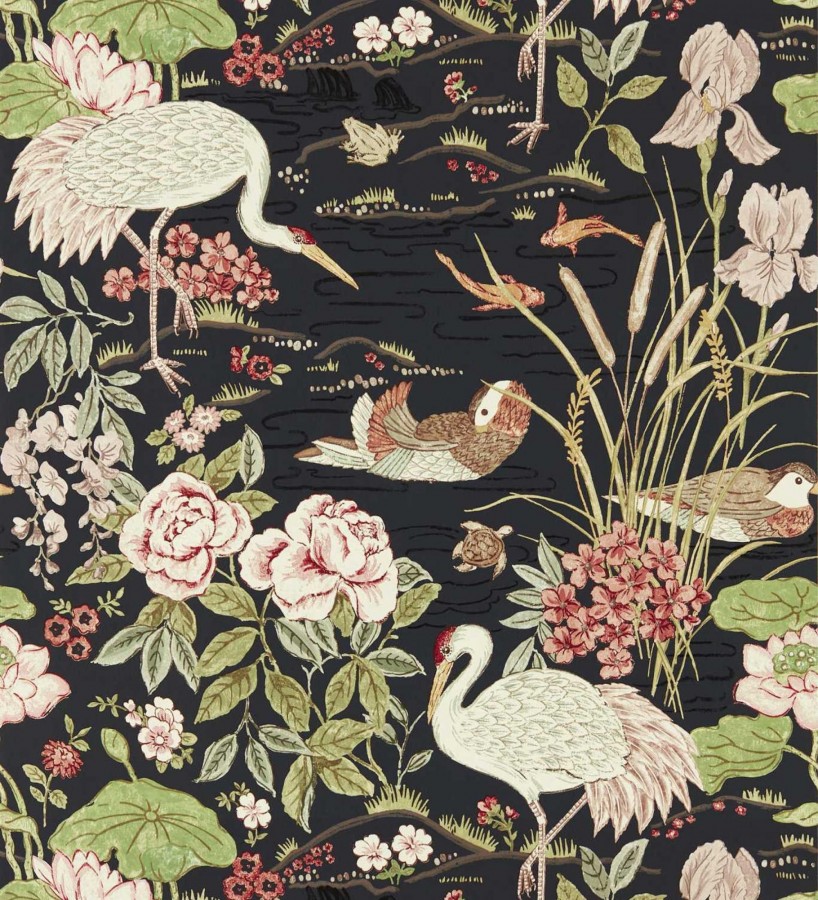 Papel pintado edén de garzas chinoiserie fondo negro  Lotus Waterfowl 684192