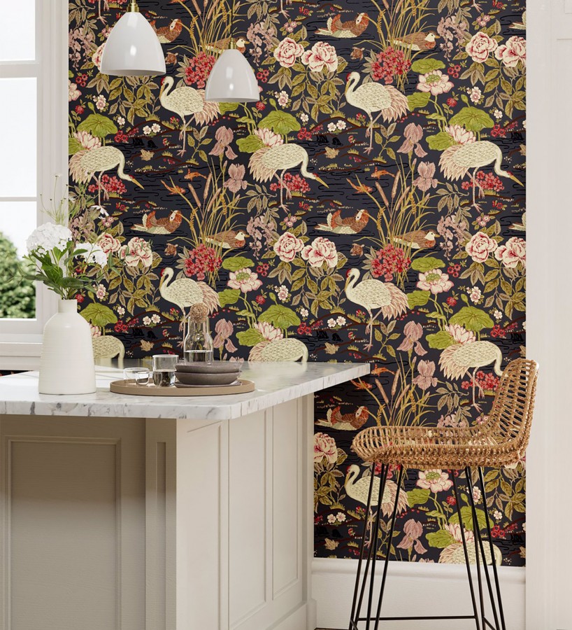 Papel pintado edén de garzas chinoiserie fondo negro  Lotus Waterfowl 684192