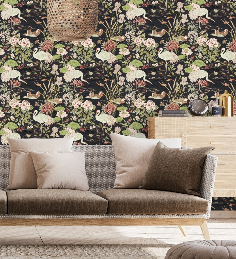 Papel pintado edén de garzas chinoiserie fondo negro  Lotus Waterfowl 684192