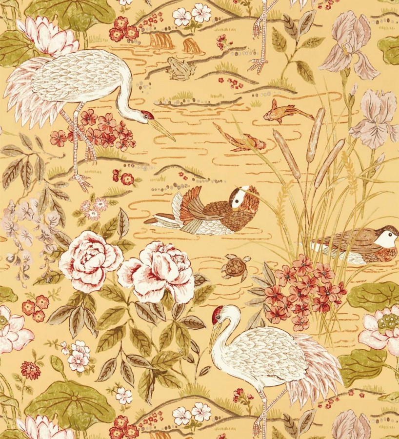 Papel pintado edén de garzas chinoiserie fondo mostaza  Lotus Waterfowl 684193