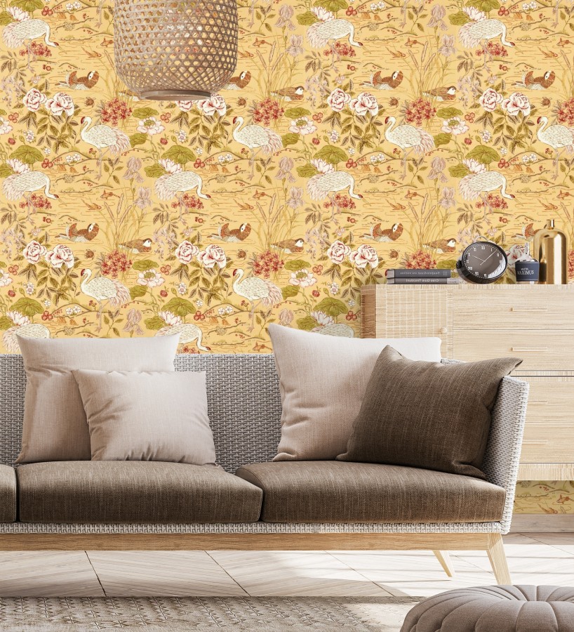 Papel pintado edén de garzas chinoiserie fondo mostaza  Lotus Waterfowl 684193