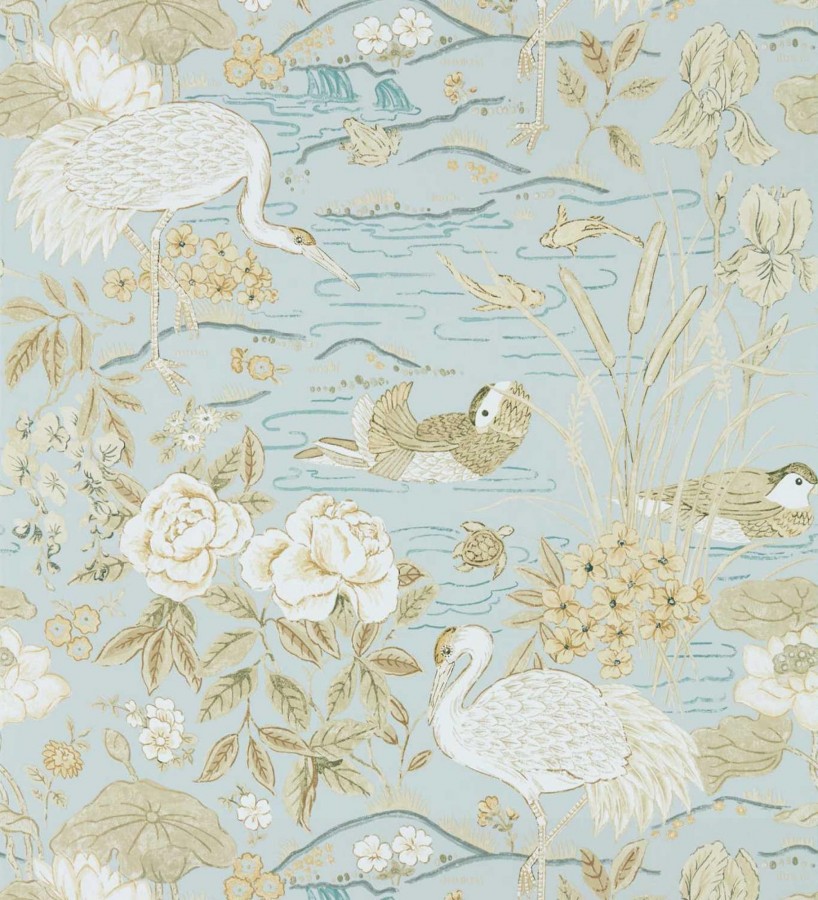 Papel pintado edén de garzas chinoiserie fondo azul  Lotus Waterfowl 684194
