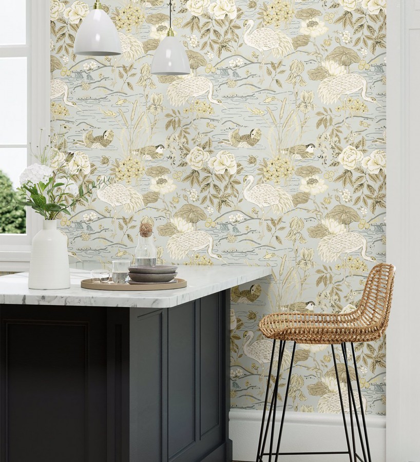 Papel pintado edén de garzas chinoiserie fondo azul  Lotus Waterfowl 684194