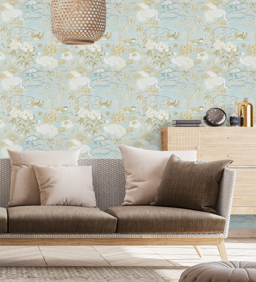 Papel pintado edén de garzas chinoiserie fondo azul  Lotus Waterfowl 684194