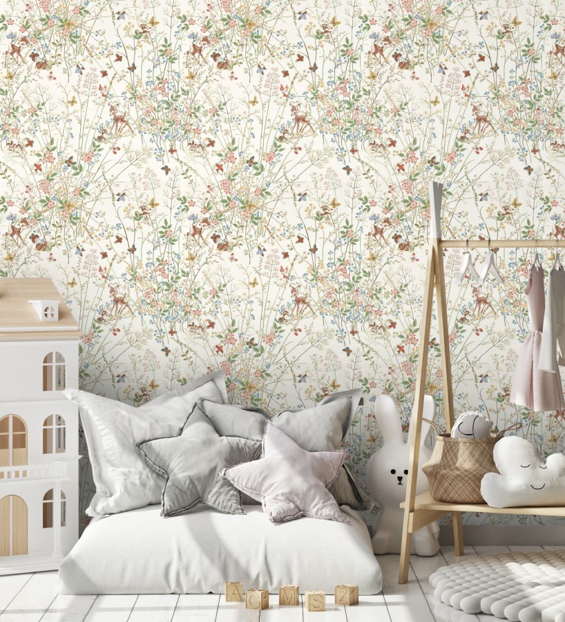 Papel pintado Bambi en jardín floral fondo blanco  Bambi 684207