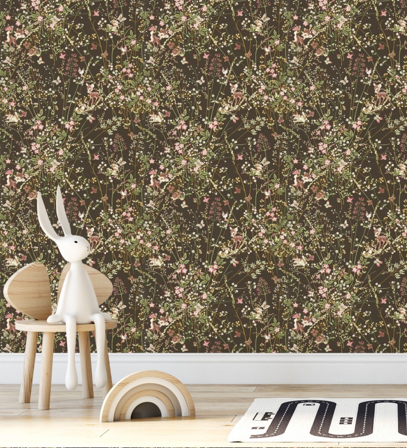 Papel pintado Bambi en jardín floral fondo negro  Bambi 684208