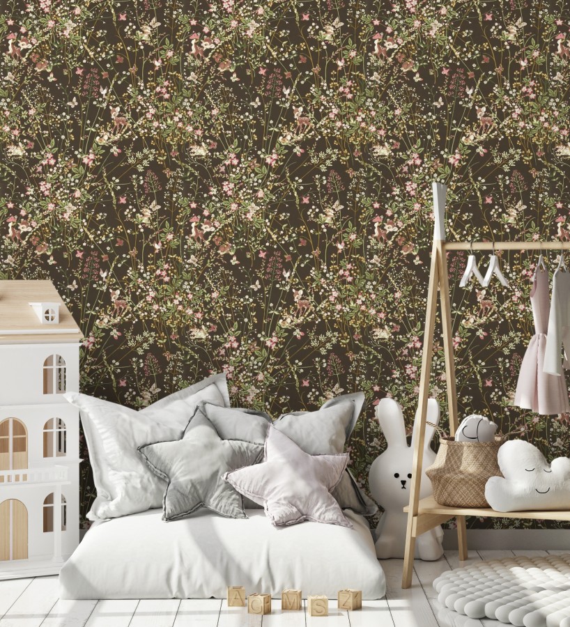 Papel pintado Bambi en jardín floral fondo negro  Bambi 684208