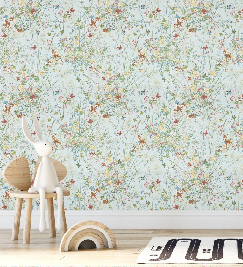 Papel pintado Bambi en jardín floral fondo celeste  Bambi 684209