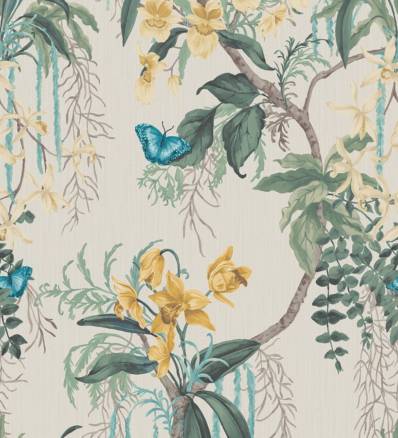 Papel pintado edén botánico orquídea oro fondo beige  Jakarta Verdant 684221