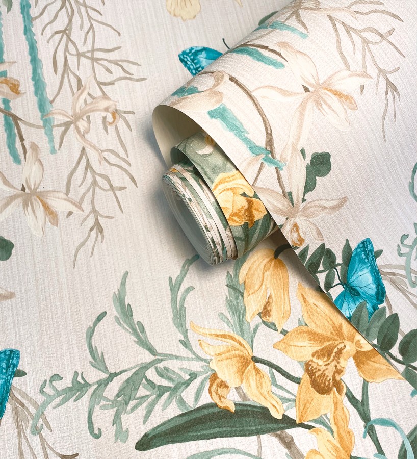 Papel pintado edén botánico orquídea oro fondo beige  Jakarta Verdant 684221
