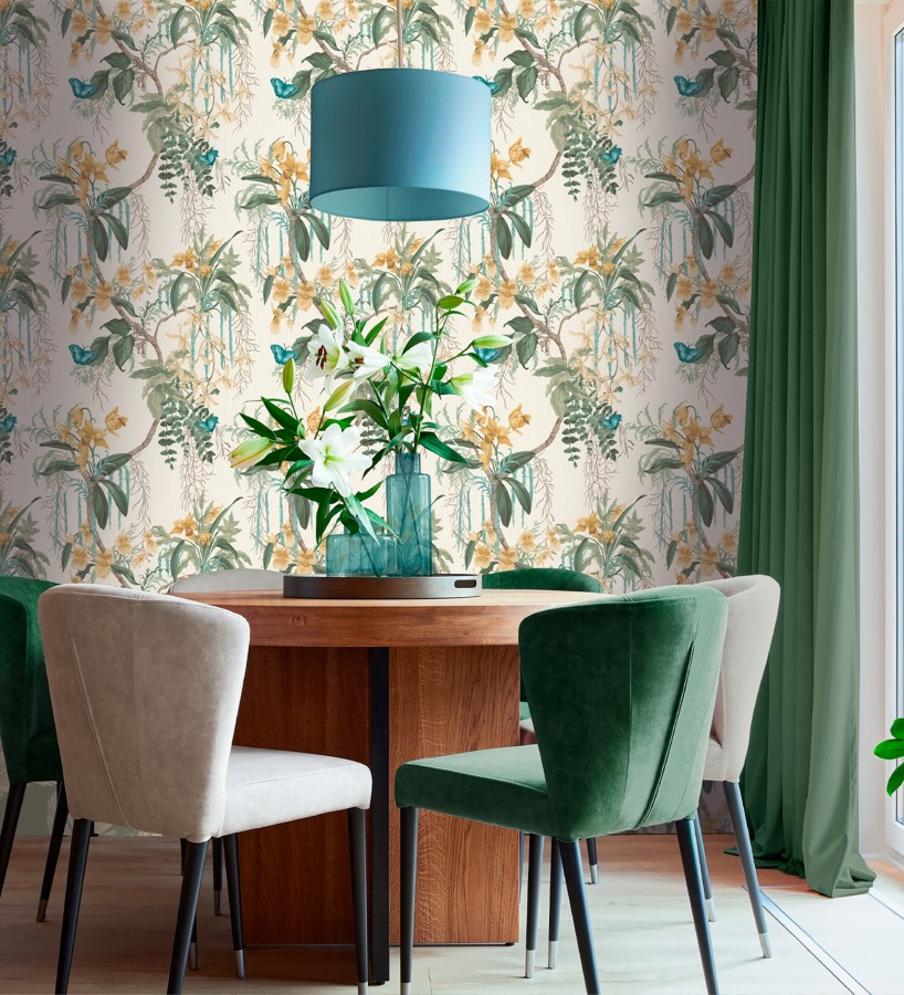 Papel pintado edén botánico orquídea oro fondo beige  Jakarta Verdant 684221