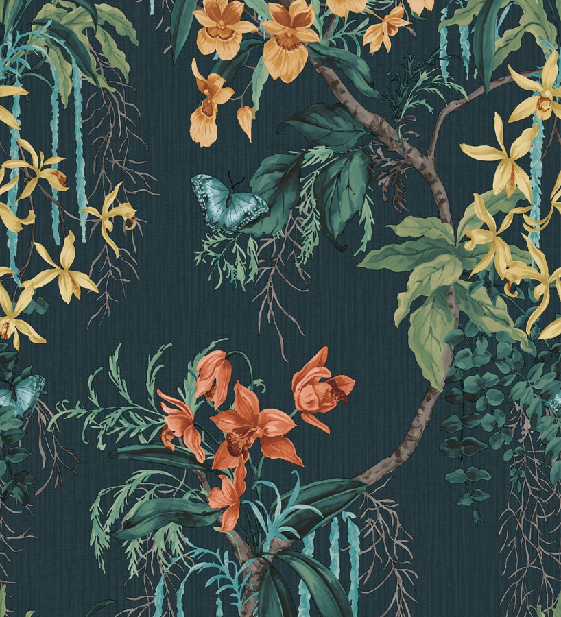 Papel pintado edén botánico orquídea naranja fondo azul verdoso oscuro  Jakarta Verdant 684222