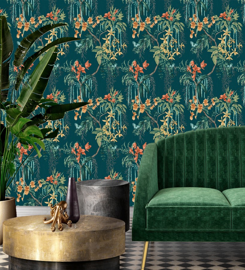 Papel pintado edén botánico orquídea naranja fondo azul verdoso oscuro  Jakarta Verdant 684222