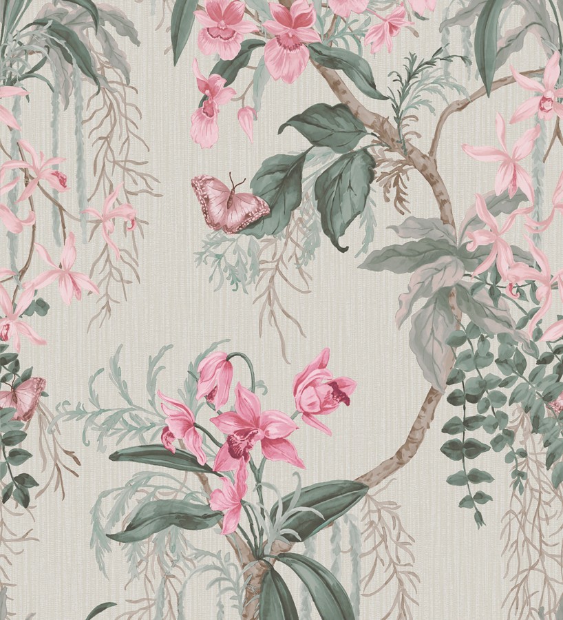 Papel pintado edén botánico orquídea rosa fondo beige grisáceo  Jakarta Verdant 684223