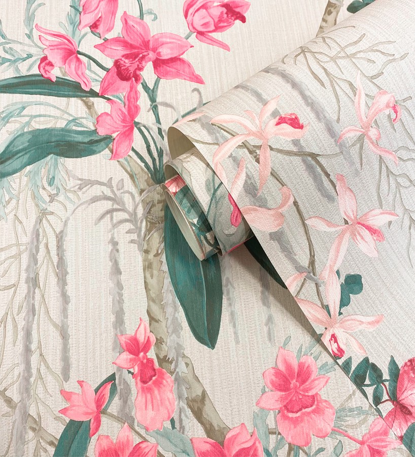 Papel pintado edén botánico orquídea rosa fondo beige grisáceo  Jakarta Verdant 684223