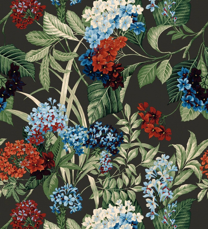 Papel pintado jardín botánico con ramillete de flores azules y rojas  Medellin Overgrown 684224