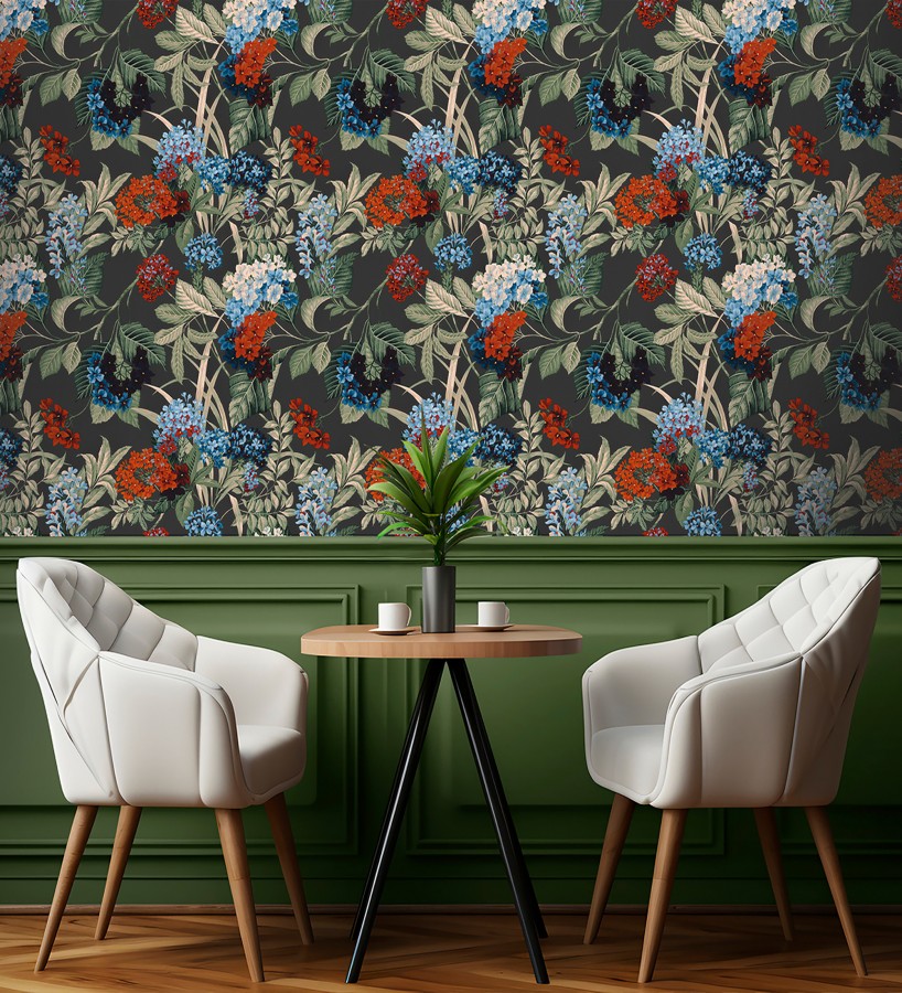 Papel pintado jardín botánico con ramillete de flores azules y rojas  Medellin Overgrown 684224