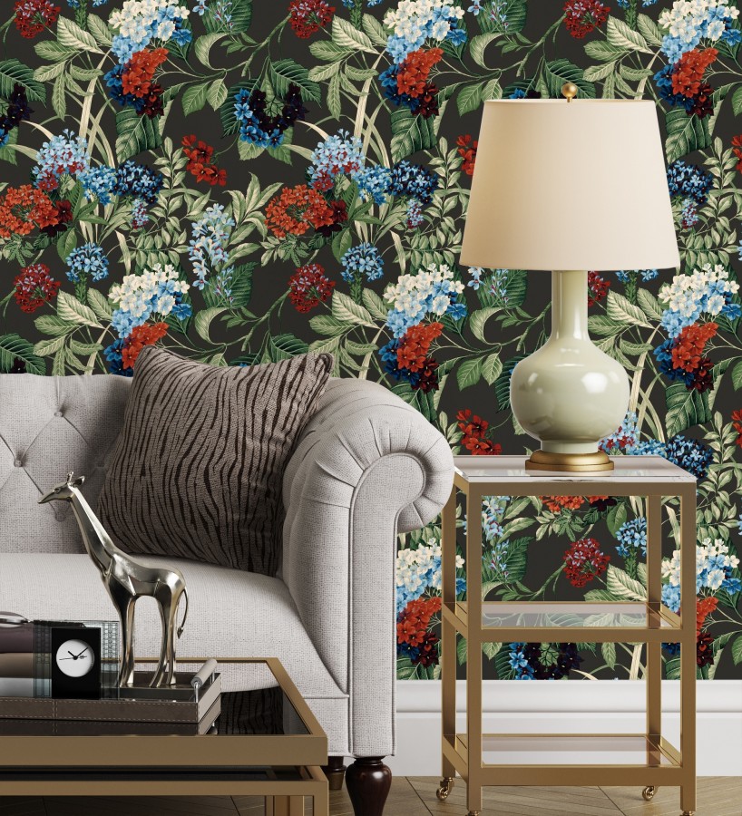 Papel pintado jardín botánico con ramillete de flores azules y rojas  Medellin Overgrown 684224