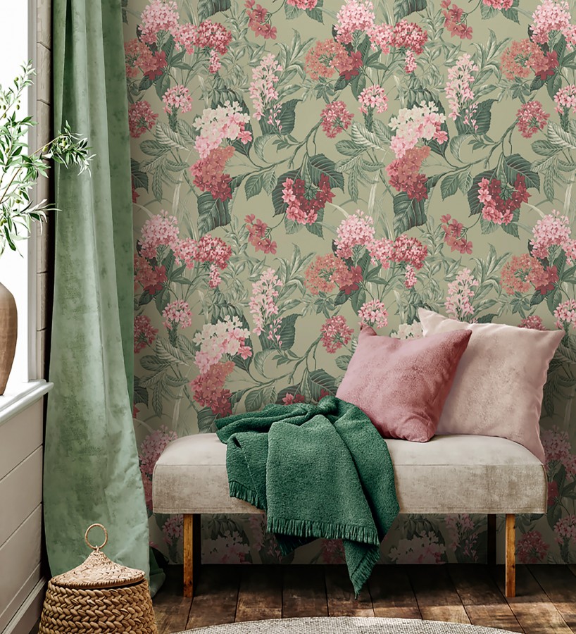 Papel pintado jardín botánico con ramillete de flores rosa y magenta  Medellin Overgrown 684225