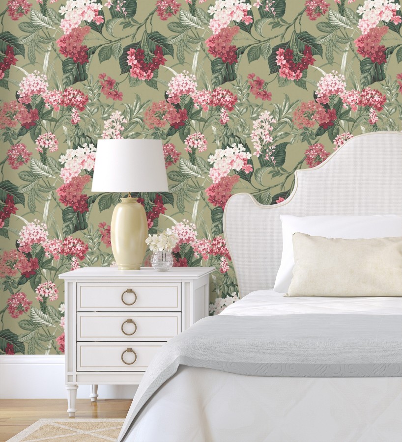 Papel pintado jardín botánico con ramillete de flores rosa y magenta  Medellin Overgrown 684225