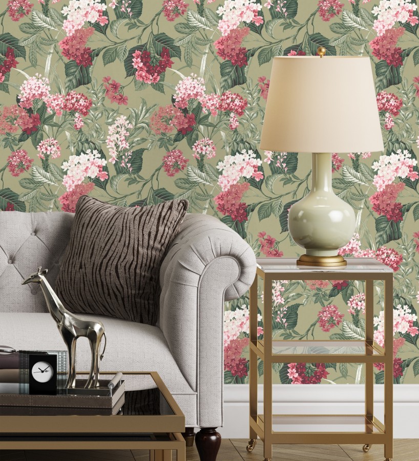Papel pintado jardín botánico con ramillete de flores rosa y magenta  Medellin Overgrown 684225