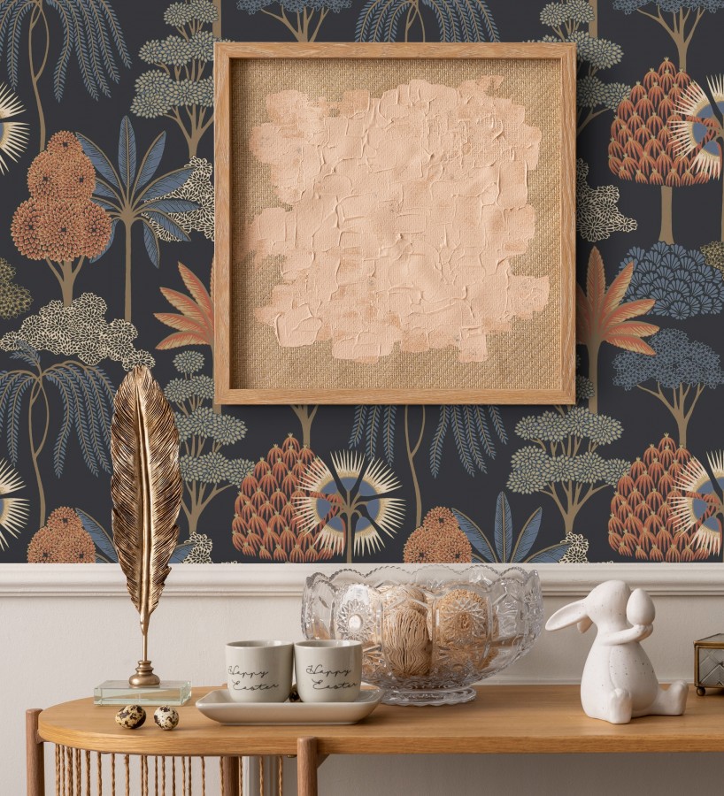 Papel pintado bosque exótico de palmeras con detalles dorados  Sumatra Groovy 684227