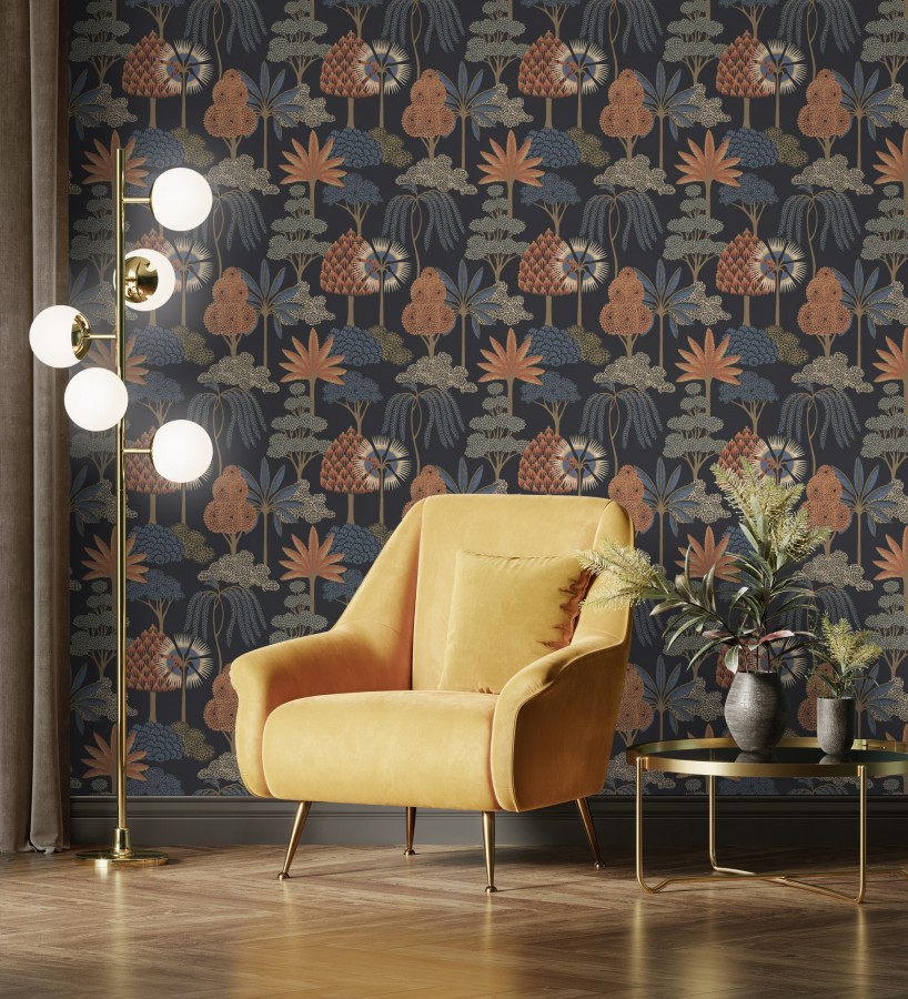 Papel pintado bosque exótico de palmeras con detalles dorados  Sumatra Groovy 684227