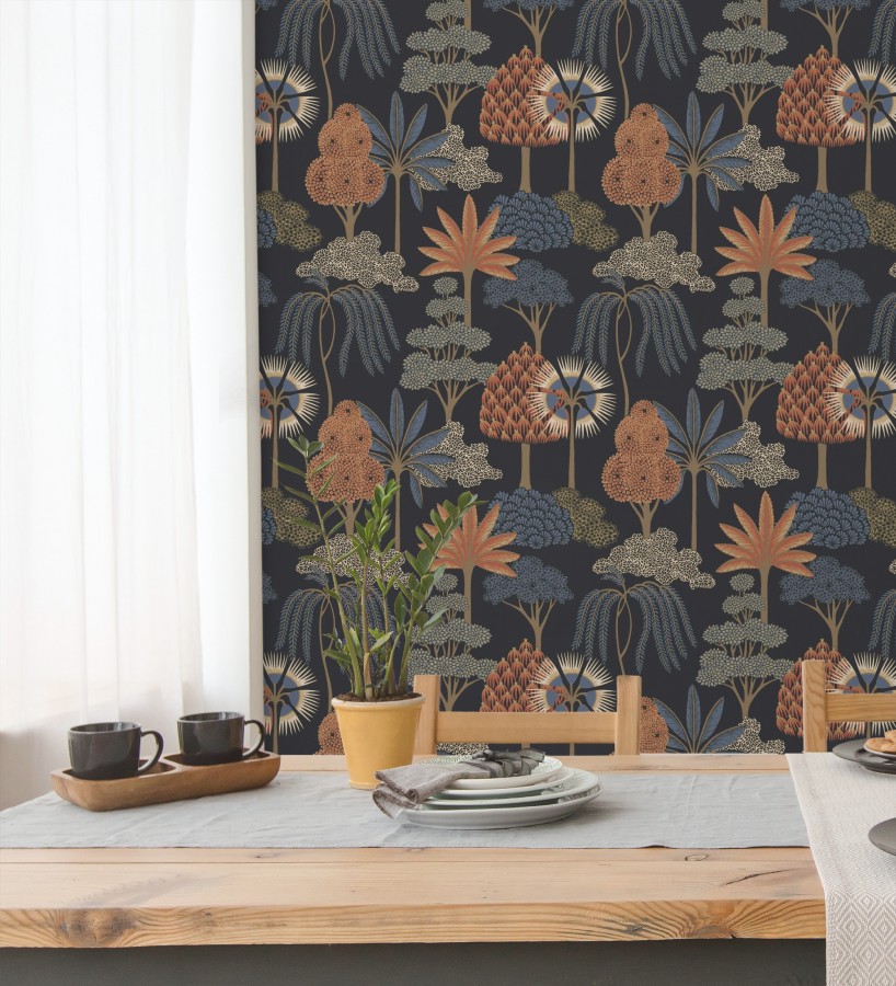 Papel pintado bosque exótico de palmeras con detalles dorados  Sumatra Groovy 684227