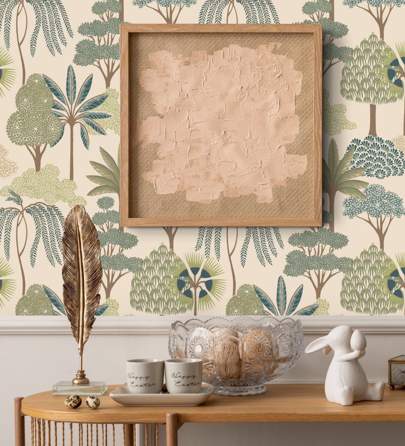 Papel pintado bosque exótico de palmeras con detalles dorados  Sumatra Groovy 684228
