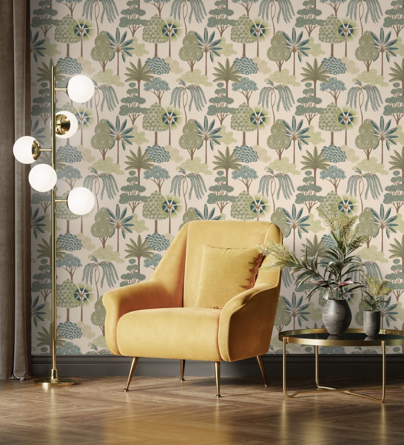 Papel pintado bosque exótico de palmeras con detalles dorados  Sumatra Groovy 684228