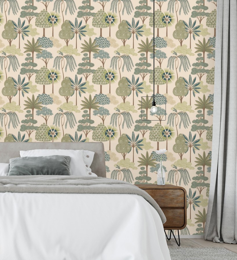 Papel pintado bosque exótico de palmeras con detalles dorados  Sumatra Groovy 684228