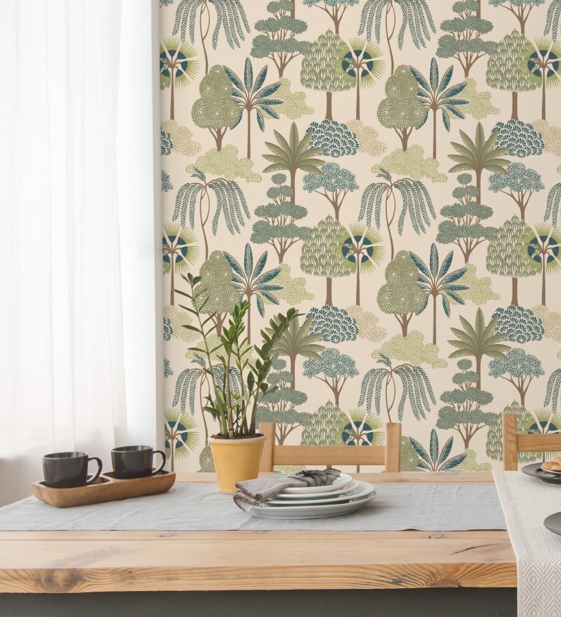 Papel pintado bosque exótico de palmeras con detalles dorados  Sumatra Groovy 684228