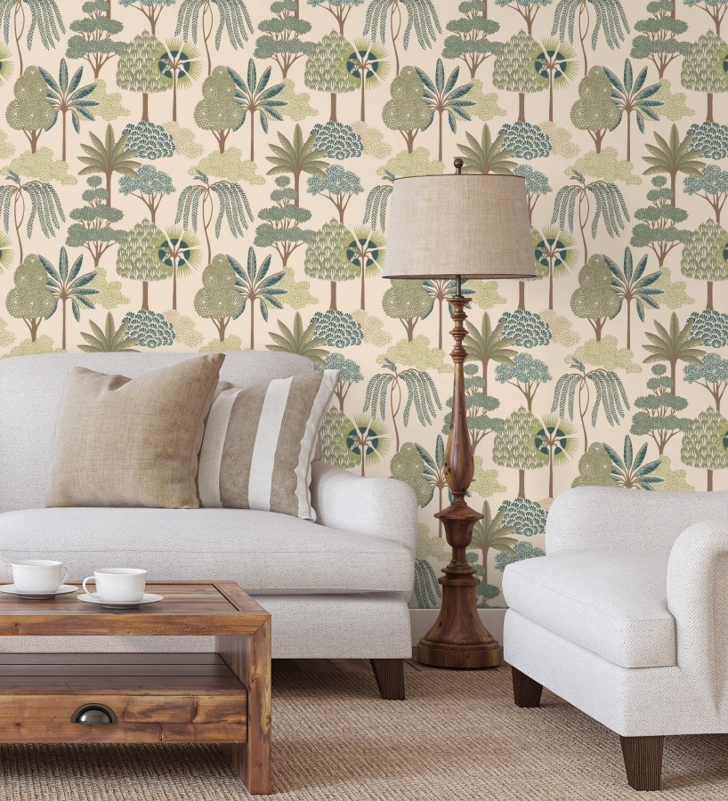 Papel pintado bosque exótico de palmeras con detalles dorados  Sumatra Groovy 684228