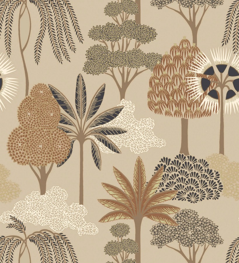 Papel pintado bosque exótico de palmeras con detalles dorados  Sumatra Groovy 684229