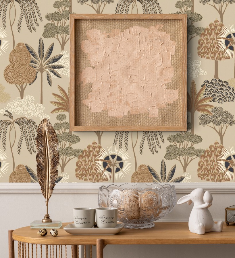 Papel pintado bosque exótico de palmeras con detalles dorados  Sumatra Groovy 684229
