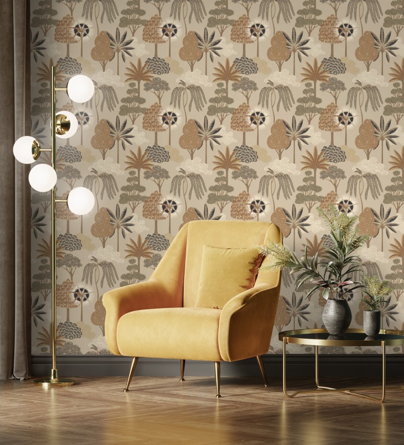 Papel pintado bosque exótico de palmeras con detalles dorados  Sumatra Groovy 684229