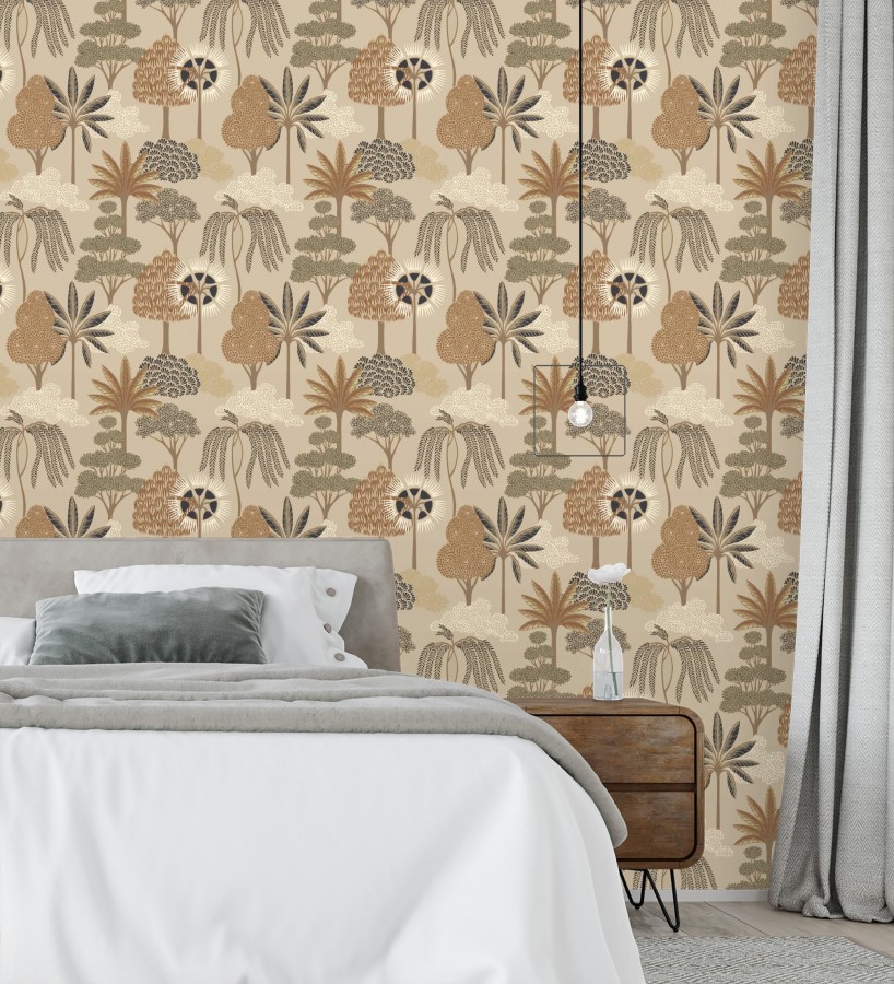 Papel pintado bosque exótico de palmeras con detalles dorados  Sumatra Groovy 684229
