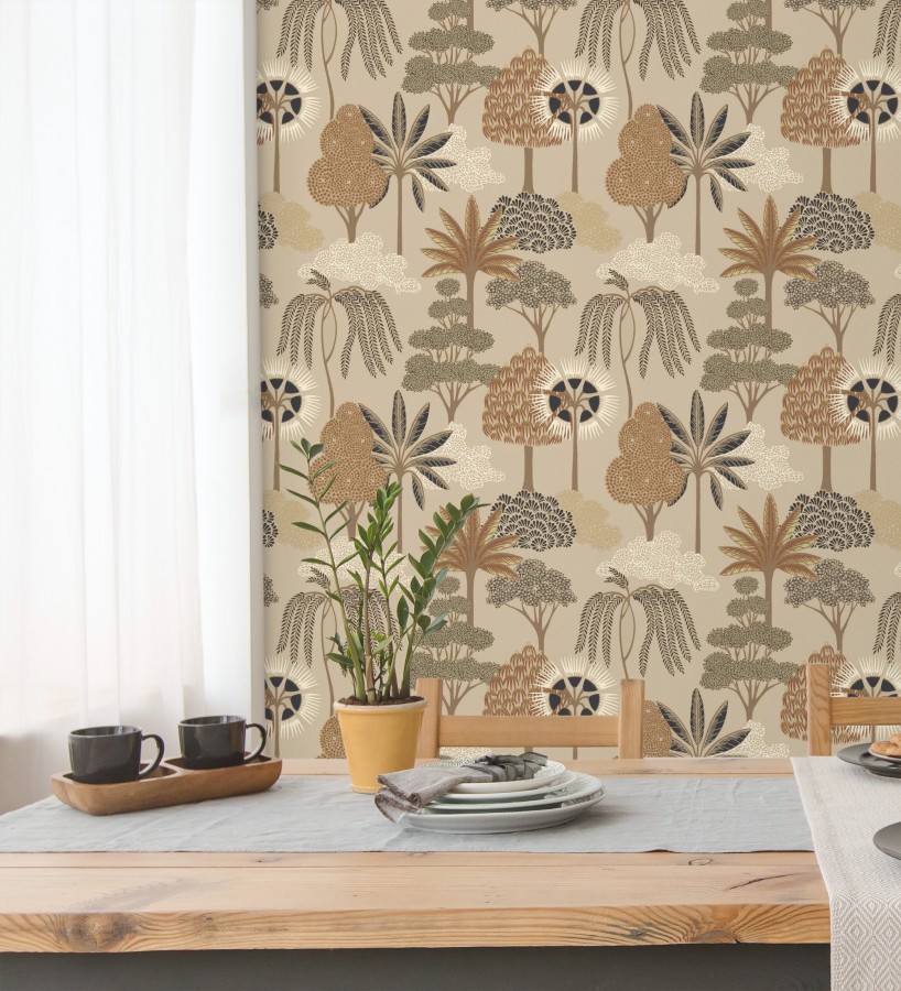 Papel pintado bosque exótico de palmeras con detalles dorados  Sumatra Groovy 684229