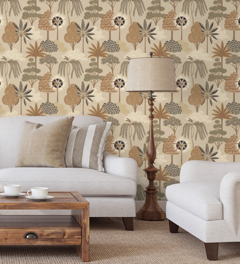 Papel pintado bosque exótico de palmeras con detalles dorados  Sumatra Groovy 684229