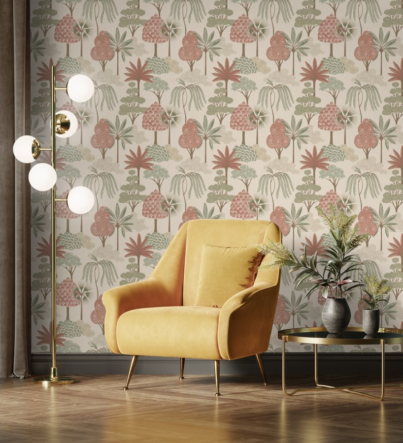 Papel pintado bosque exótico de palmeras con detalles dorados  Sumatra Groovy 684230