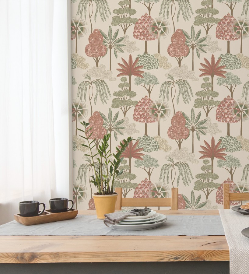 Papel pintado bosque exótico de palmeras con detalles dorados  Sumatra Groovy 684230