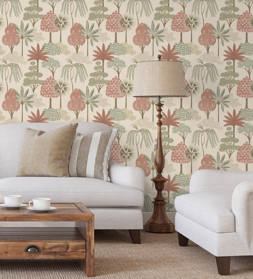 Papel pintado bosque exótico de palmeras con detalles dorados  Sumatra Groovy 684230