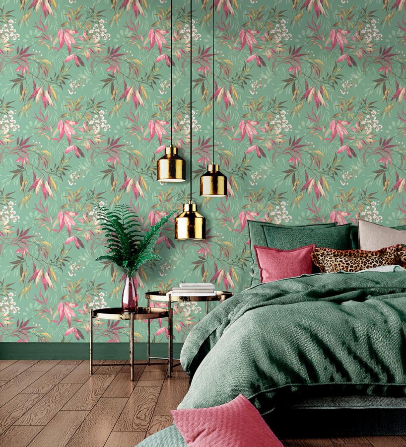 Papel pintado de selva exuberante con hojas fondo verde  Zora Enchanted 684234