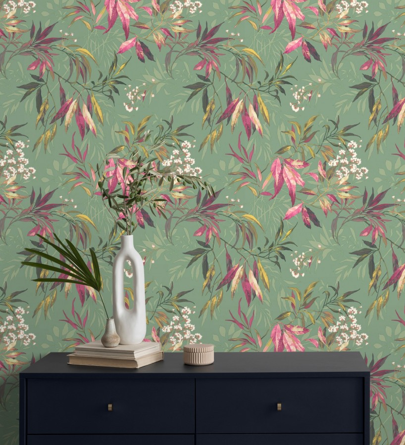 Papel pintado de selva exuberante con hojas fondo verde  Zora Enchanted 684234
