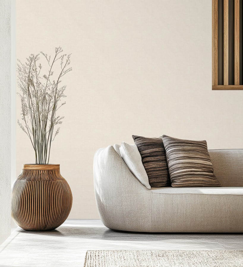 Papel pintado de textura rafia natural con relieve tono beige claro  Drava Coarse 684235