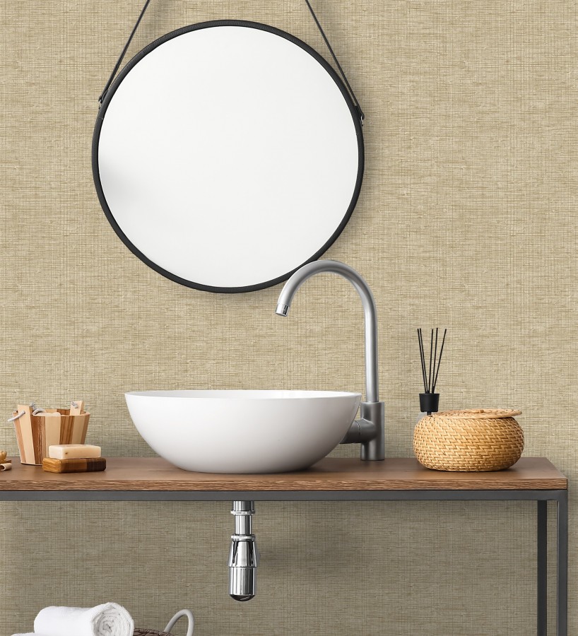 Papel pintado de textura rafia natural en relieve tono beige tostado  Drava Coarse 684236