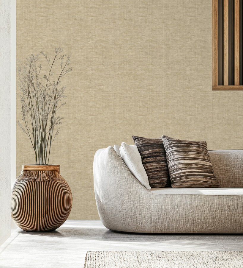 Papel pintado de textura rafia natural en relieve tono beige tostado  Drava Coarse 684236